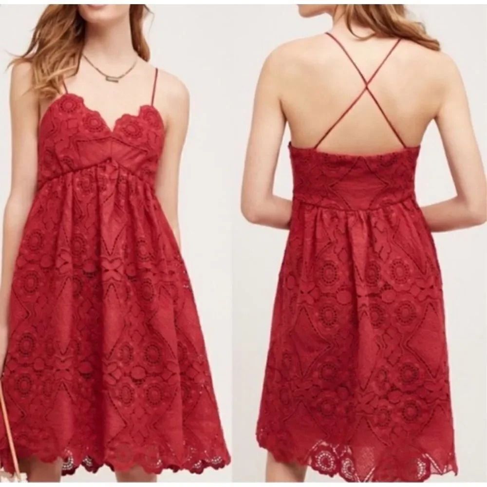 MAEVE x ANTHROPOLOGIE | NWT Red Lace Lined Cross Strap Babydoll Dress | Size 4